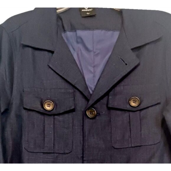 Linen Cargo Jacket L Blazer Pockets Notch Nautical Blue 100% Linen - Picture 2 of 7